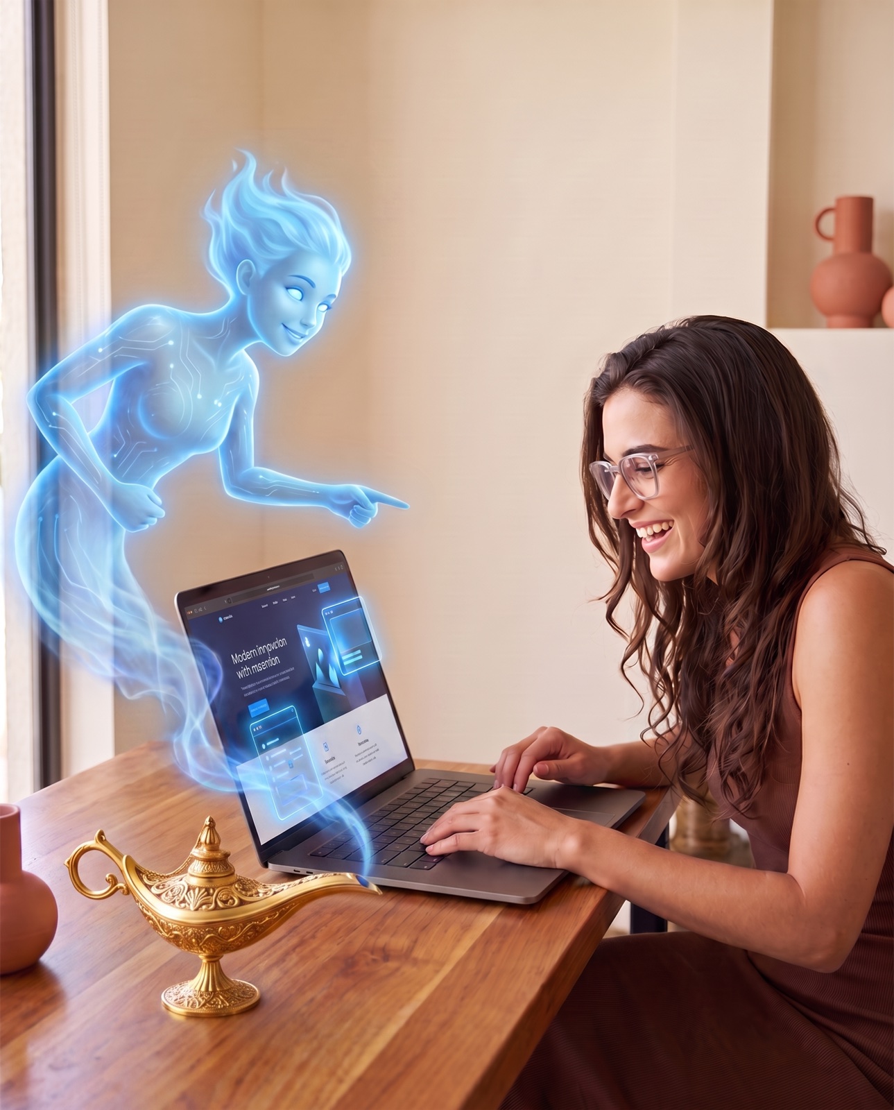 El genio digital ayudando a una mujer a construir su proyecto en la computadora