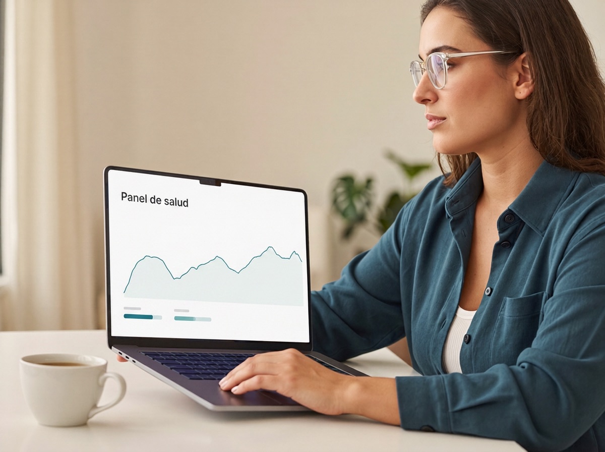 Una persona revisando su panel de salud con gráficas claras en su laptop